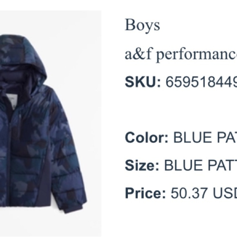 Abercrombie Kids Blue Pattern Puffer Jacket